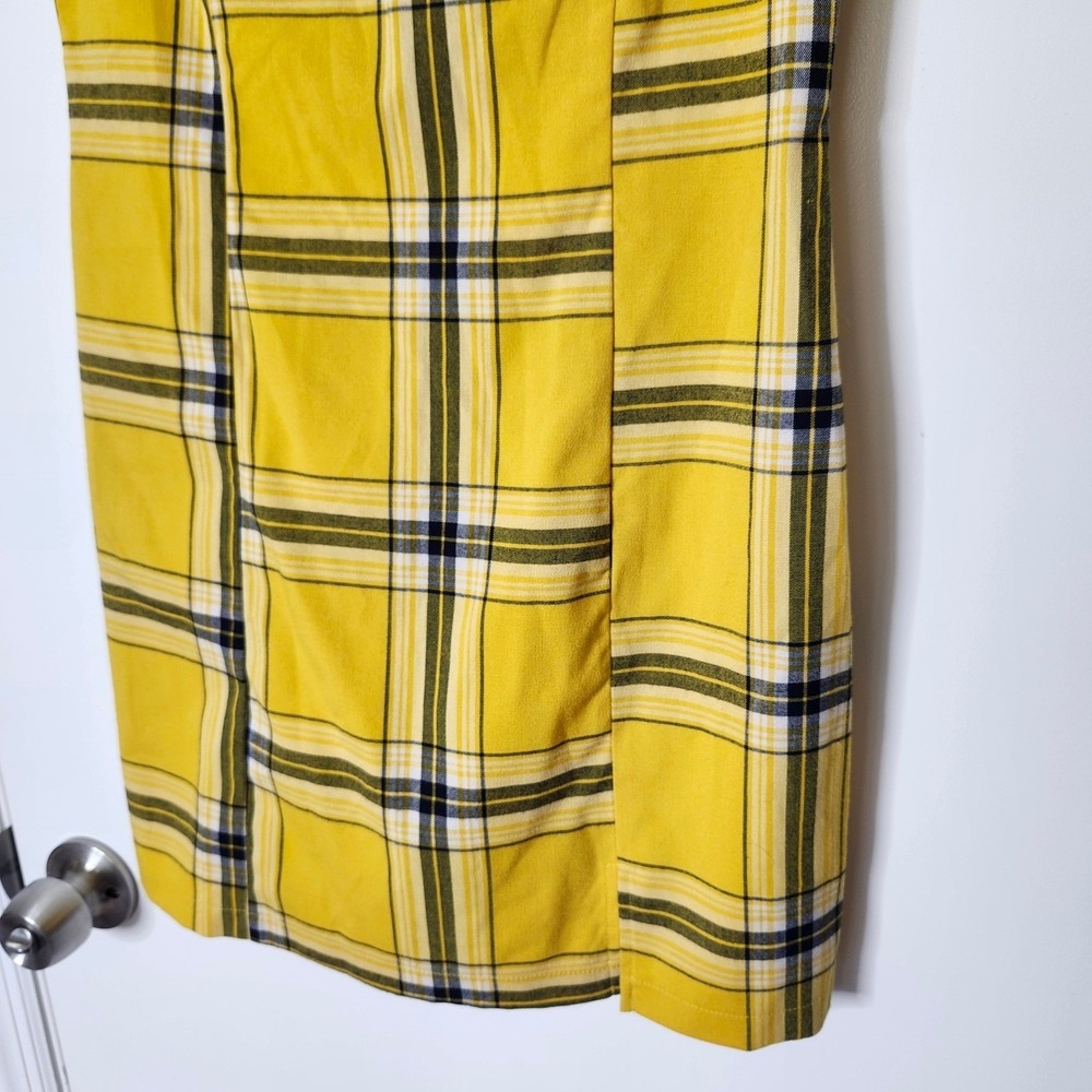 Forever 21 Yellow Plaid Mini Dress Medium 90s Bodycon Spaghetti Strap Clueless - Picture 4 of 11